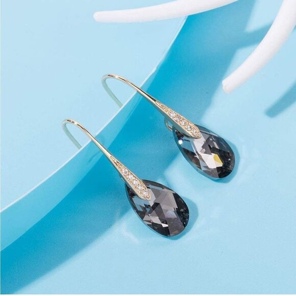 14K Yellow Gold with Charcoal Gray Austrian Crystal Teardrop Drop Hook Earrings - Picture 2 of 6